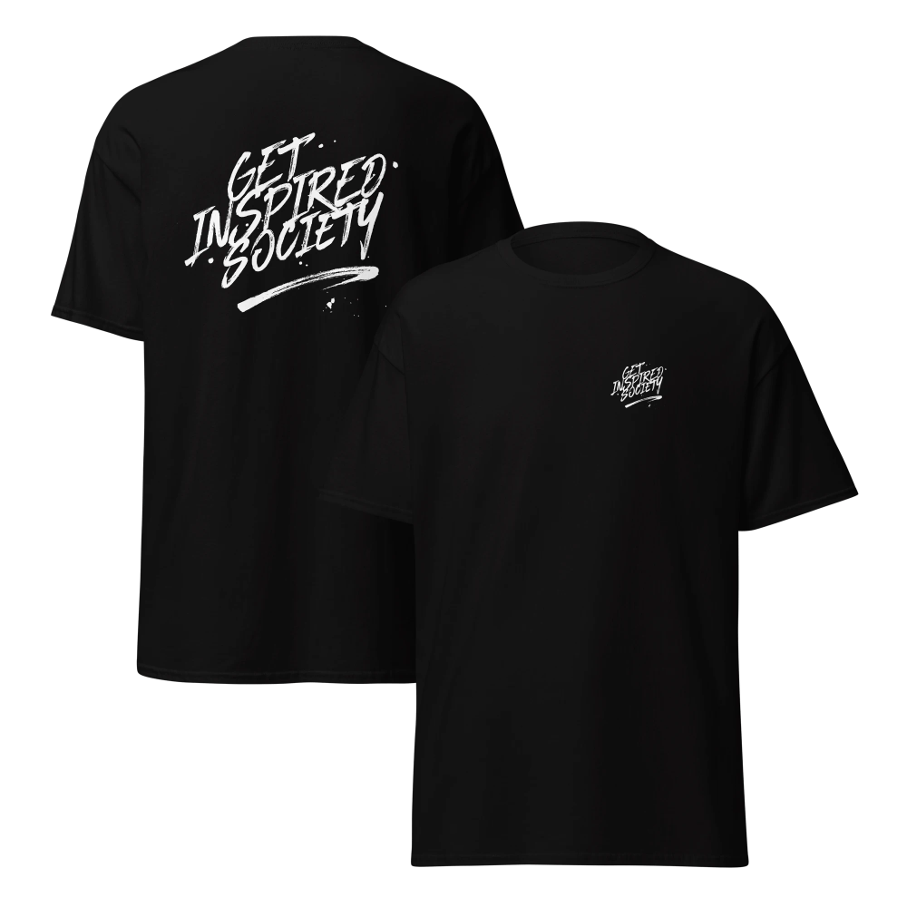 Get Inspired Society t-shirt in black, front and back